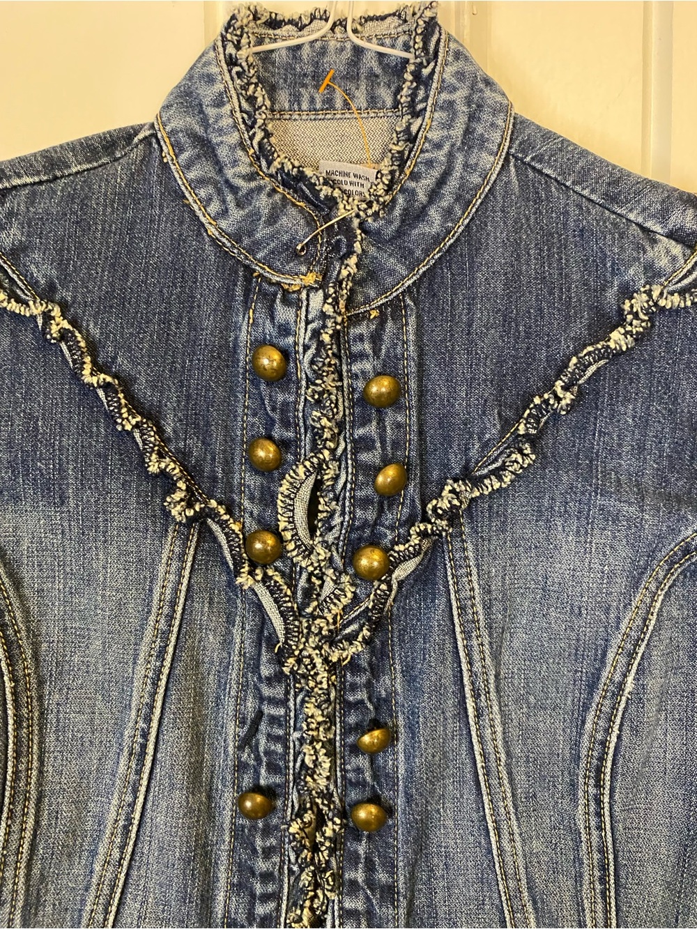 Vintage Rave fitted denim jacket with high neck and frayed ruffle detailing. Med - Picture 2 of 9